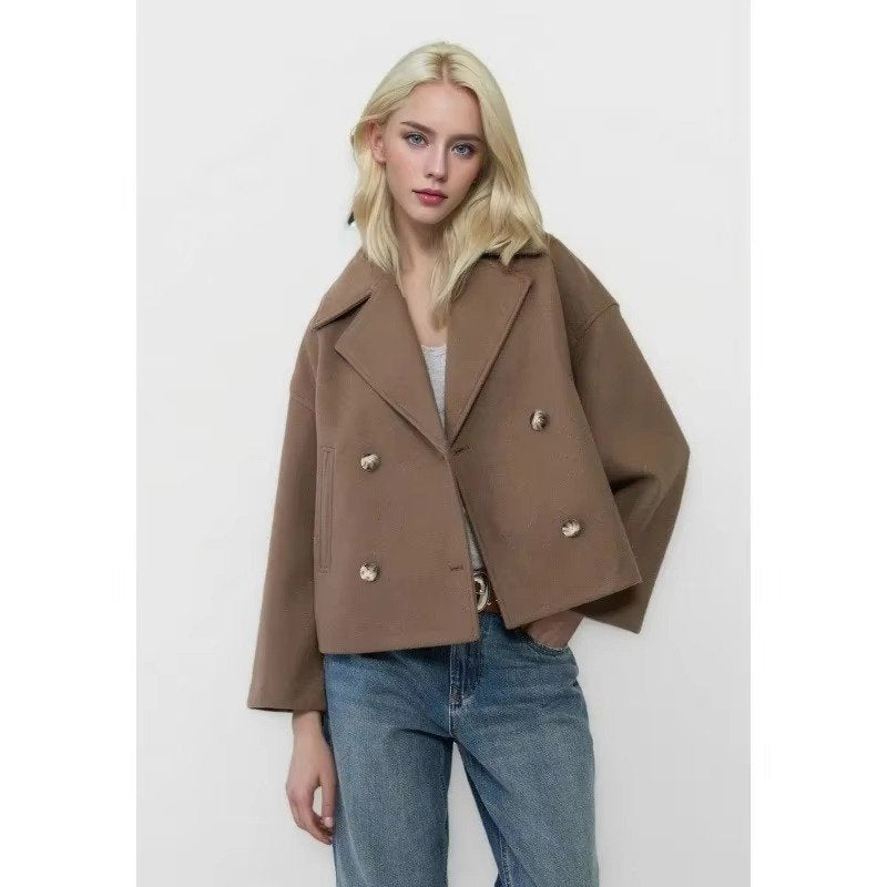 Women's Oversized Cropped Wool Coat - Brown