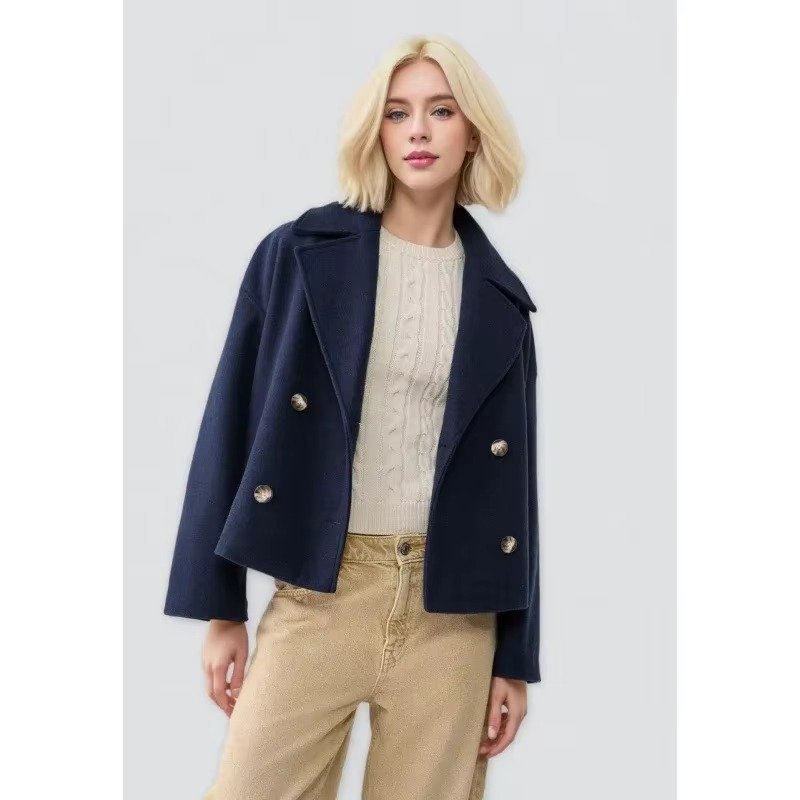 Women's Oversized Cropped Wool Coat - Dark Blue