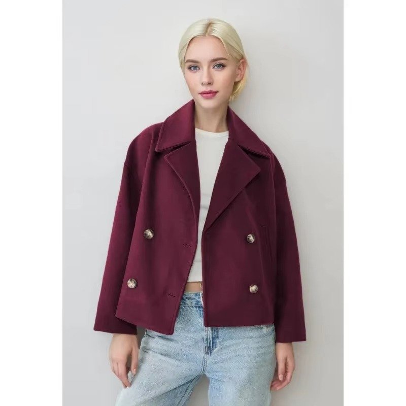Women's Oversized Cropped Wool Coat - Purplish Red