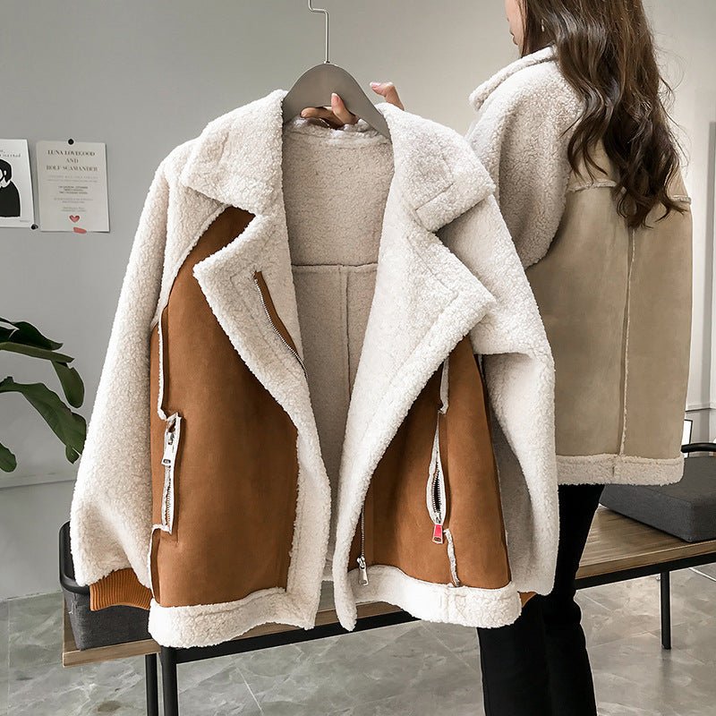 Women's Oversized Suede Moto Teddy Leather Jacket - Bronze