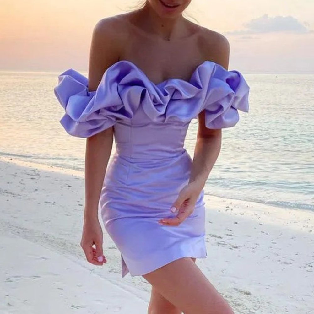 Women's Satin Off-Shoulder Strapless Bodycon Mini Party Dress - Purple