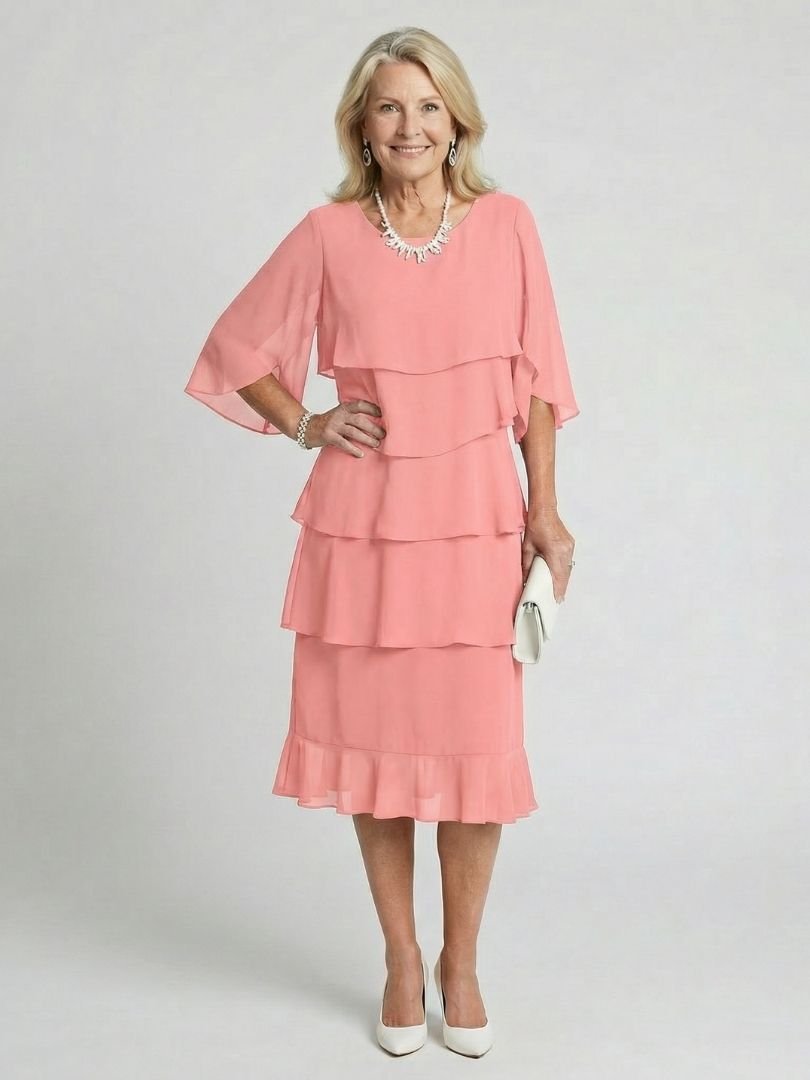 Women's Black Chiffon Tiered Midi Party Dress - Pink