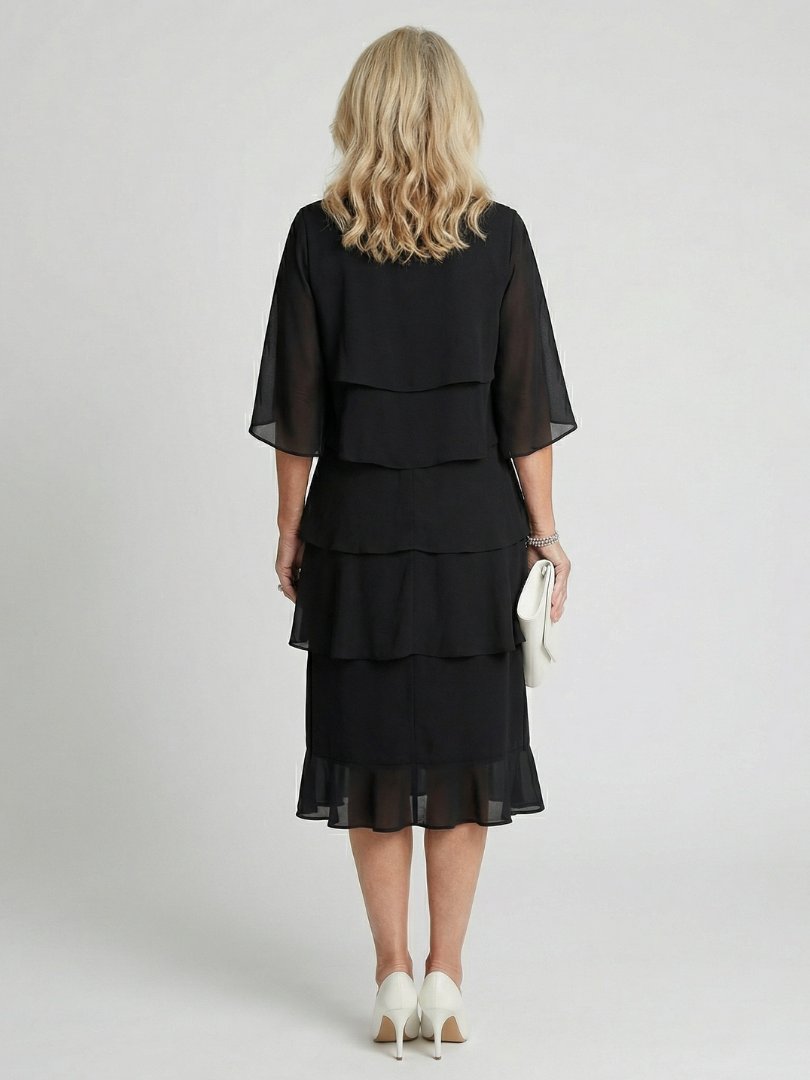 Women's Black Chiffon Tiered Midi Party Dress