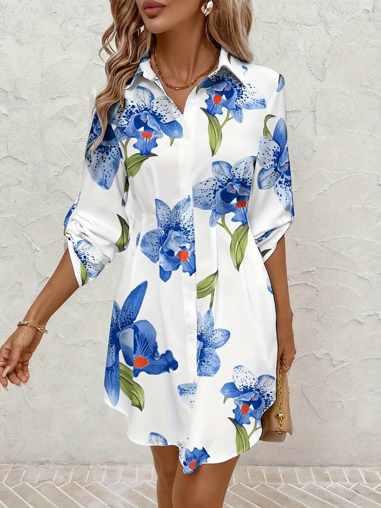 Women's Floral Satin Long Sleeve Shirt Dress