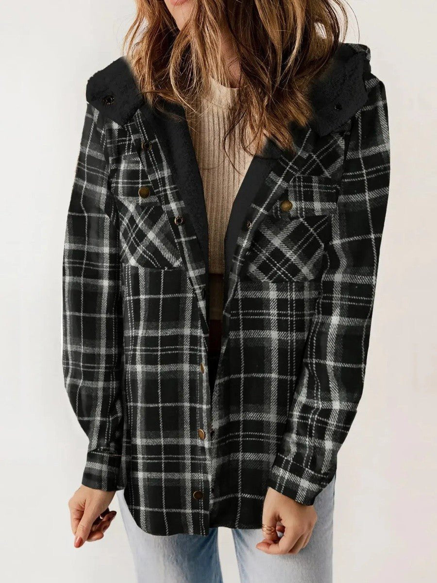 Women's Oversized Plaid Hooded Teddy Shirt Jacket - Black