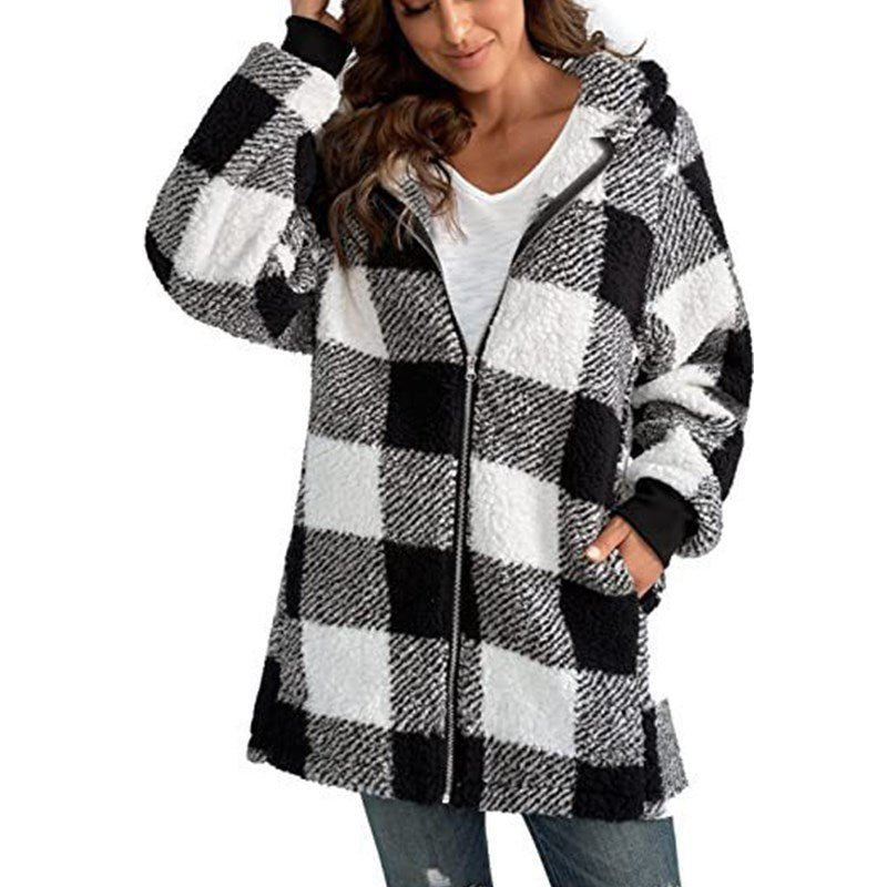 Women's Oversized Plaid Fleece Hooded Longline Teddy Jacket - Black