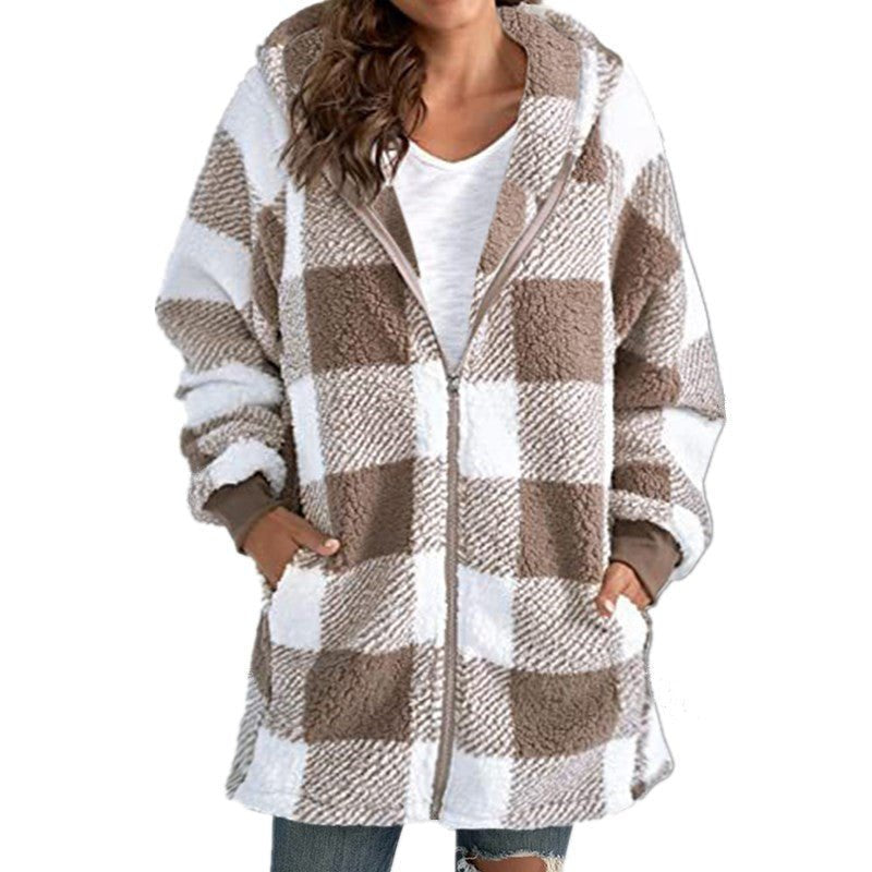 Women's Oversized Plaid Fleece Hooded Longline Teddy Jacket - Khaki