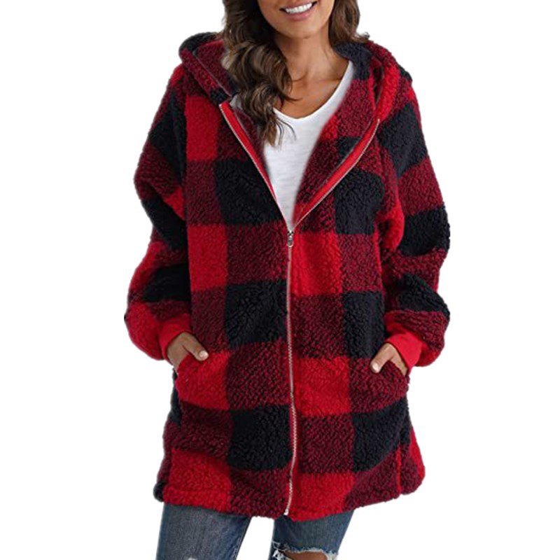 Women's Oversized Plaid Fleece Hooded Longline Teddy Jacket - Red