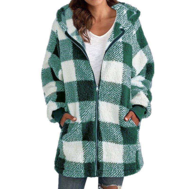 Women's Oversized Plaid Fleece Hooded Longline Teddy Jacket - Light green