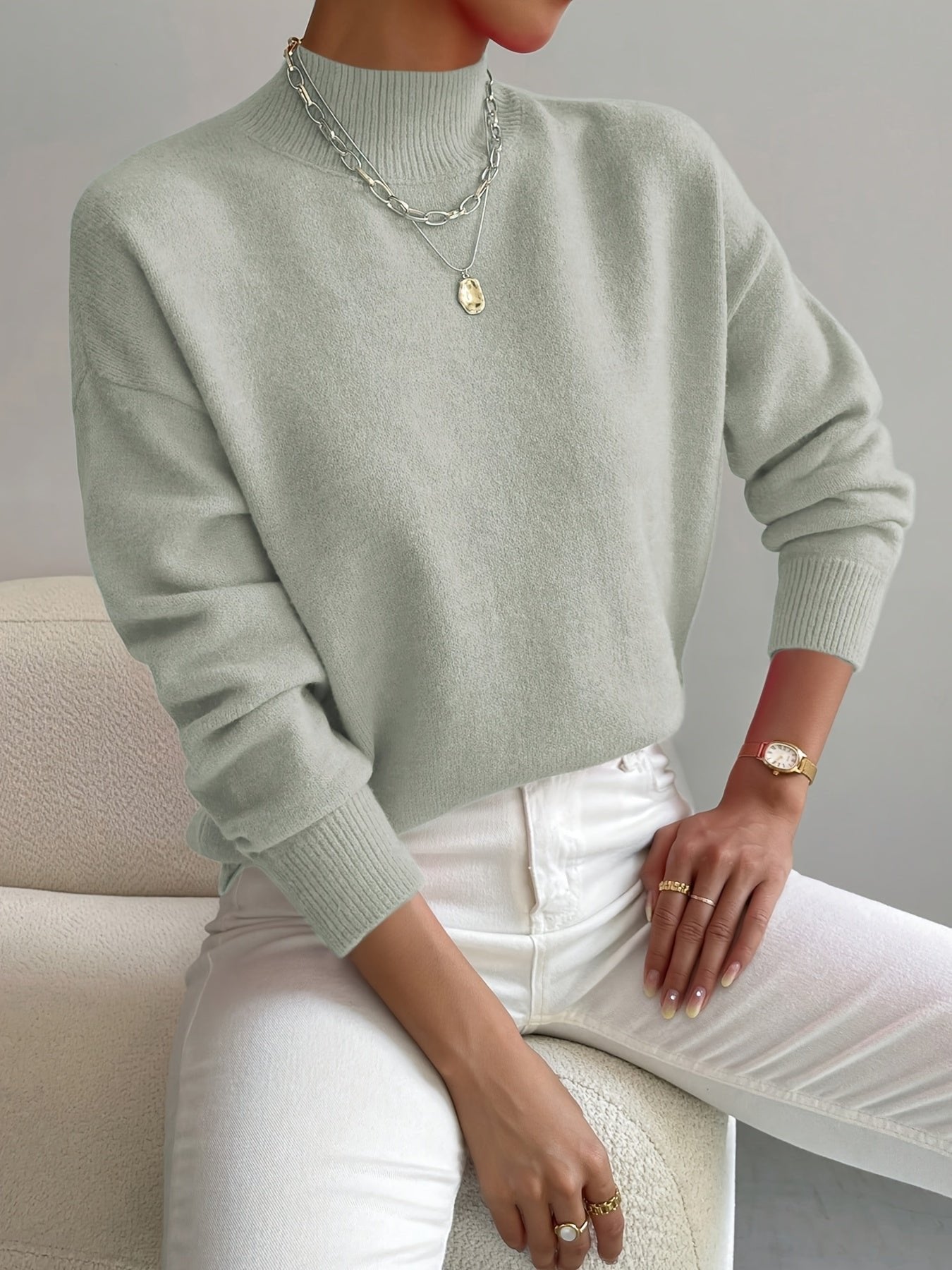 Women's Oversized Funnel Roll Neck Jumper - Light Green