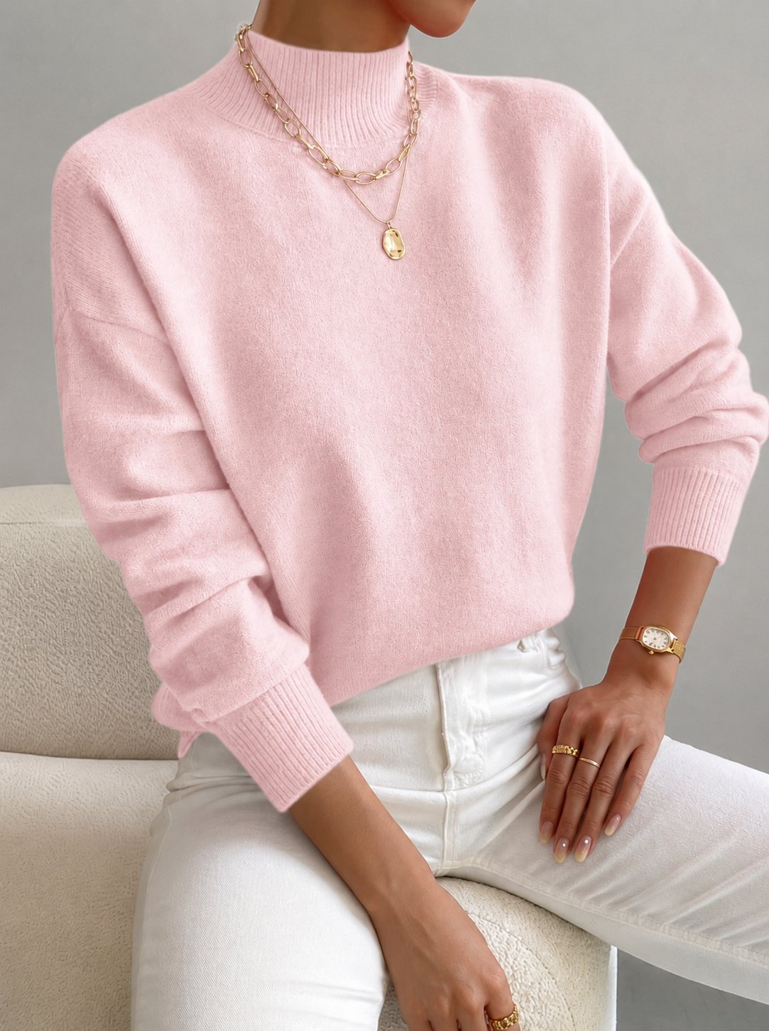 Women's Oversized Funnel Roll Neck Jumper - Light Pink