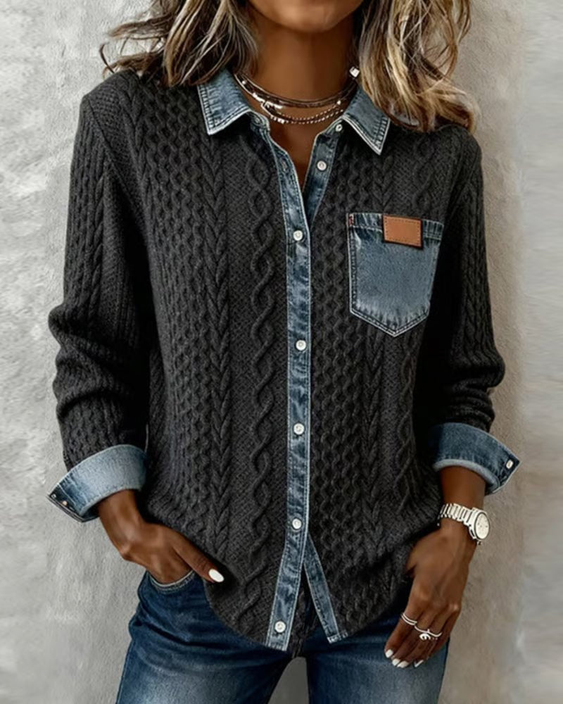 Women's Oversized Cable-Knit Shirt Jacket - Dark Gray