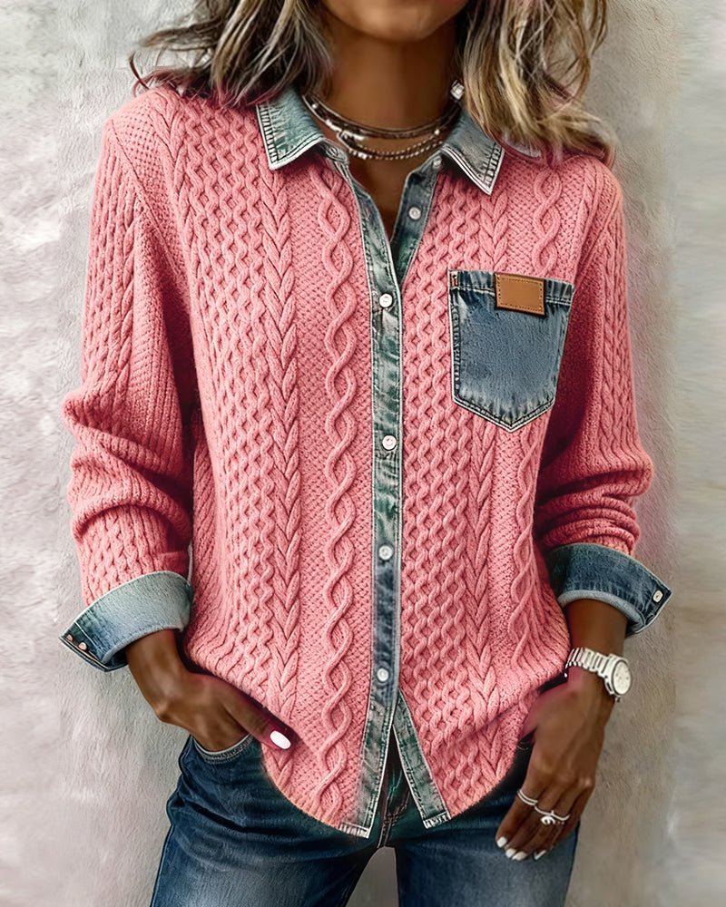 Women's Oversized Cable-Knit Shirt Jacket - Pink