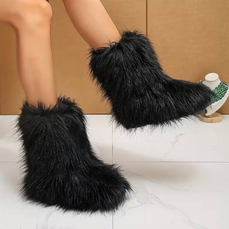 Women's Faux Fur Mid-Calf Boots - Black