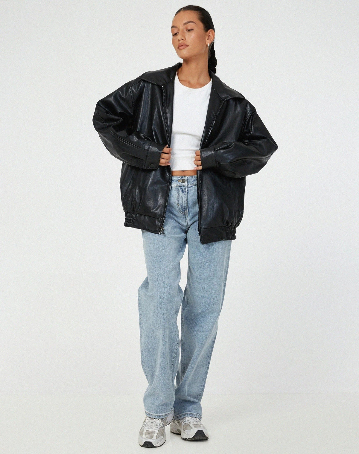 Women's Oversized Faux Leather Bomber Jacket - Black