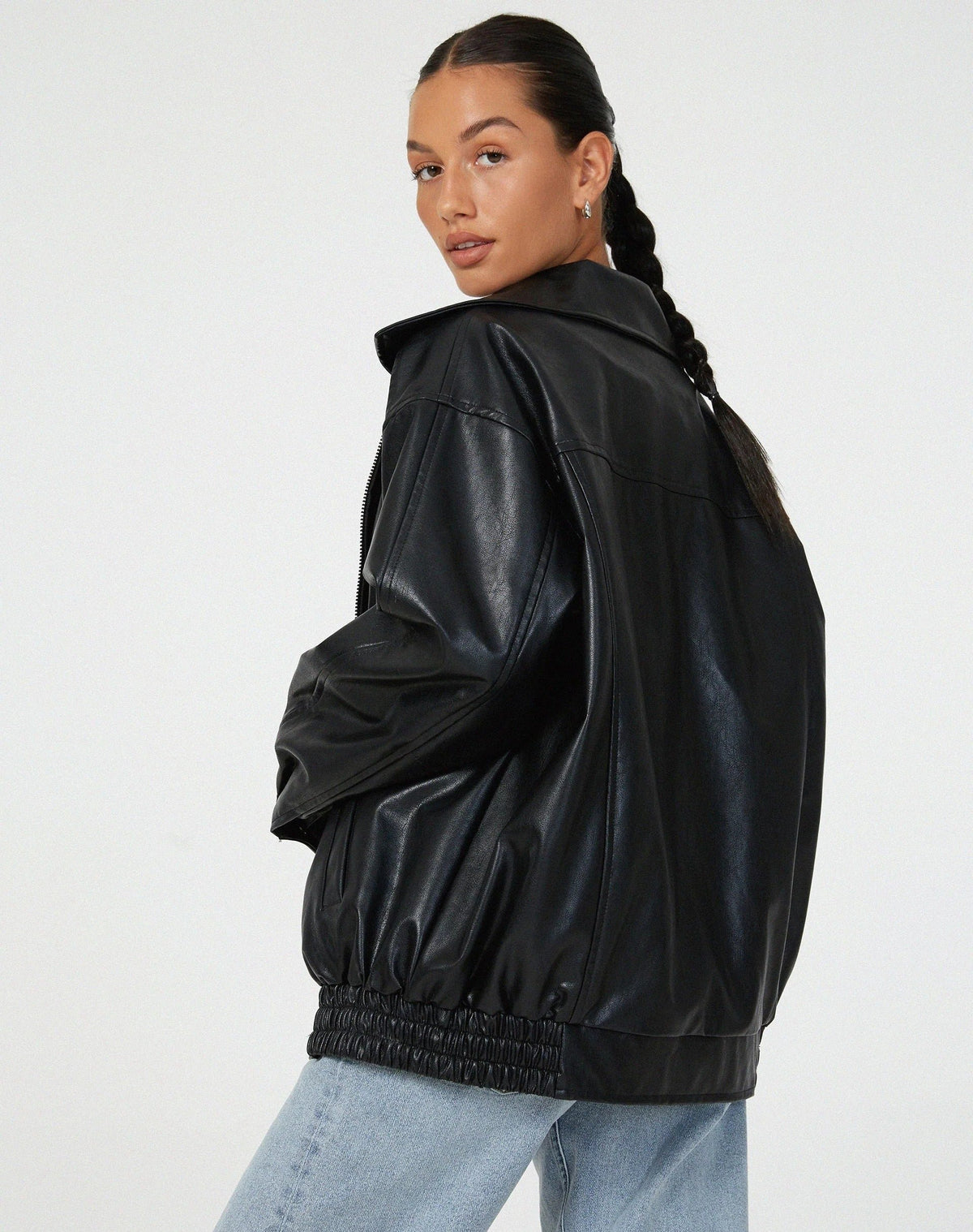 Women's Oversized Faux Leather Bomber Jacket