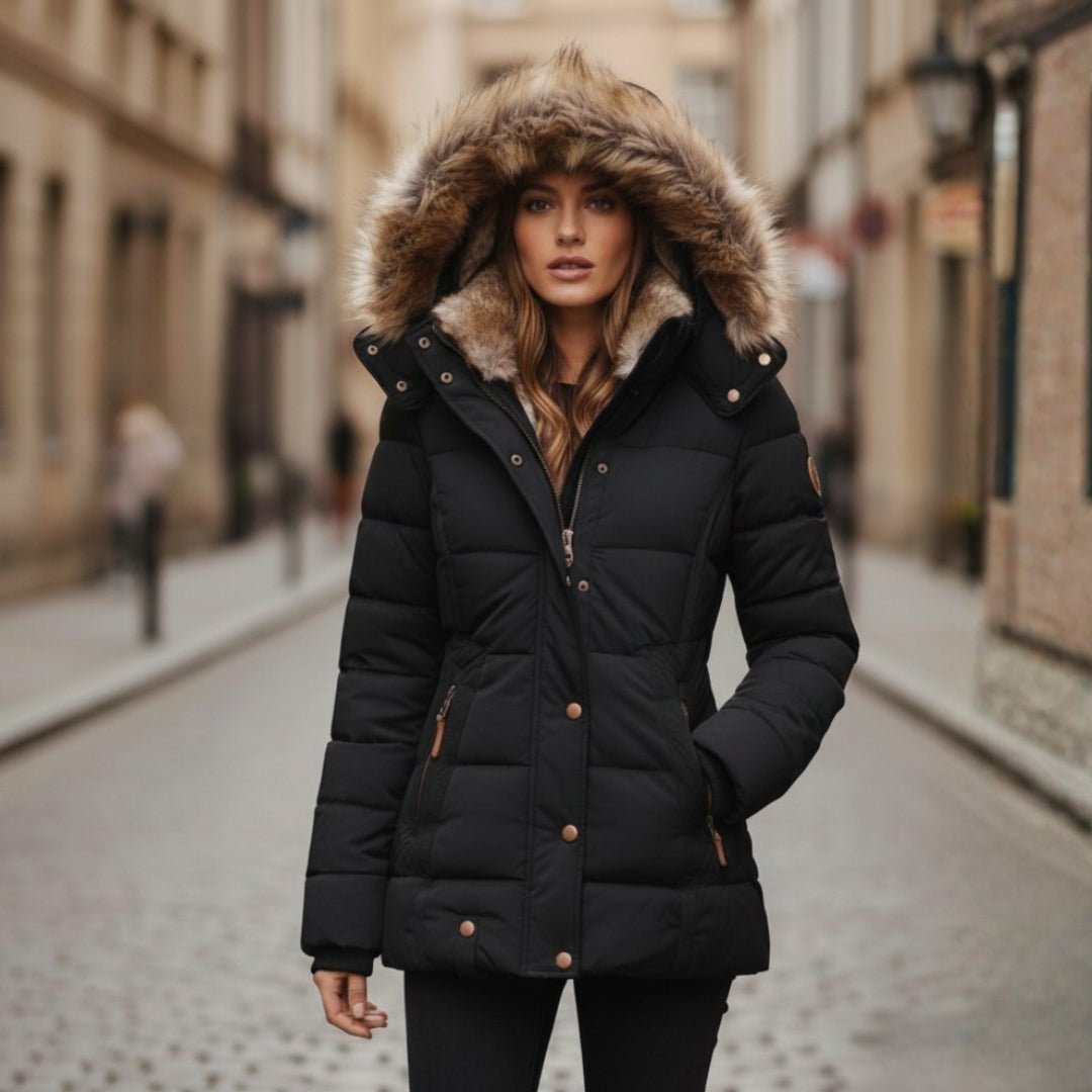 Women's Faux Fur Puffer Jacket - Black