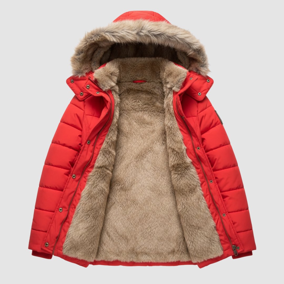 Women's Faux Fur Puffer Jacket - Red