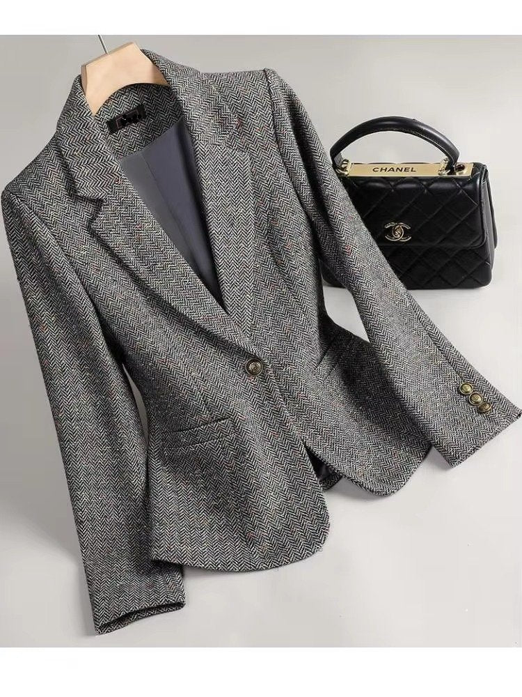 Women's Herringbone Wool Blazer - Dark Gray