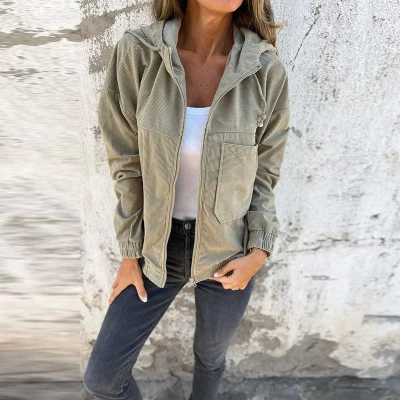 Women's Oversized Corduroy Hooded Jacket - Green