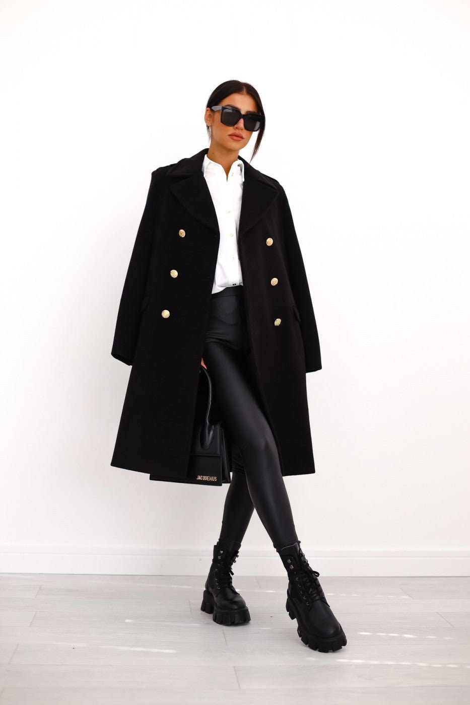 Women's Double-Breasted Belted Longline Wool Coat - Black
