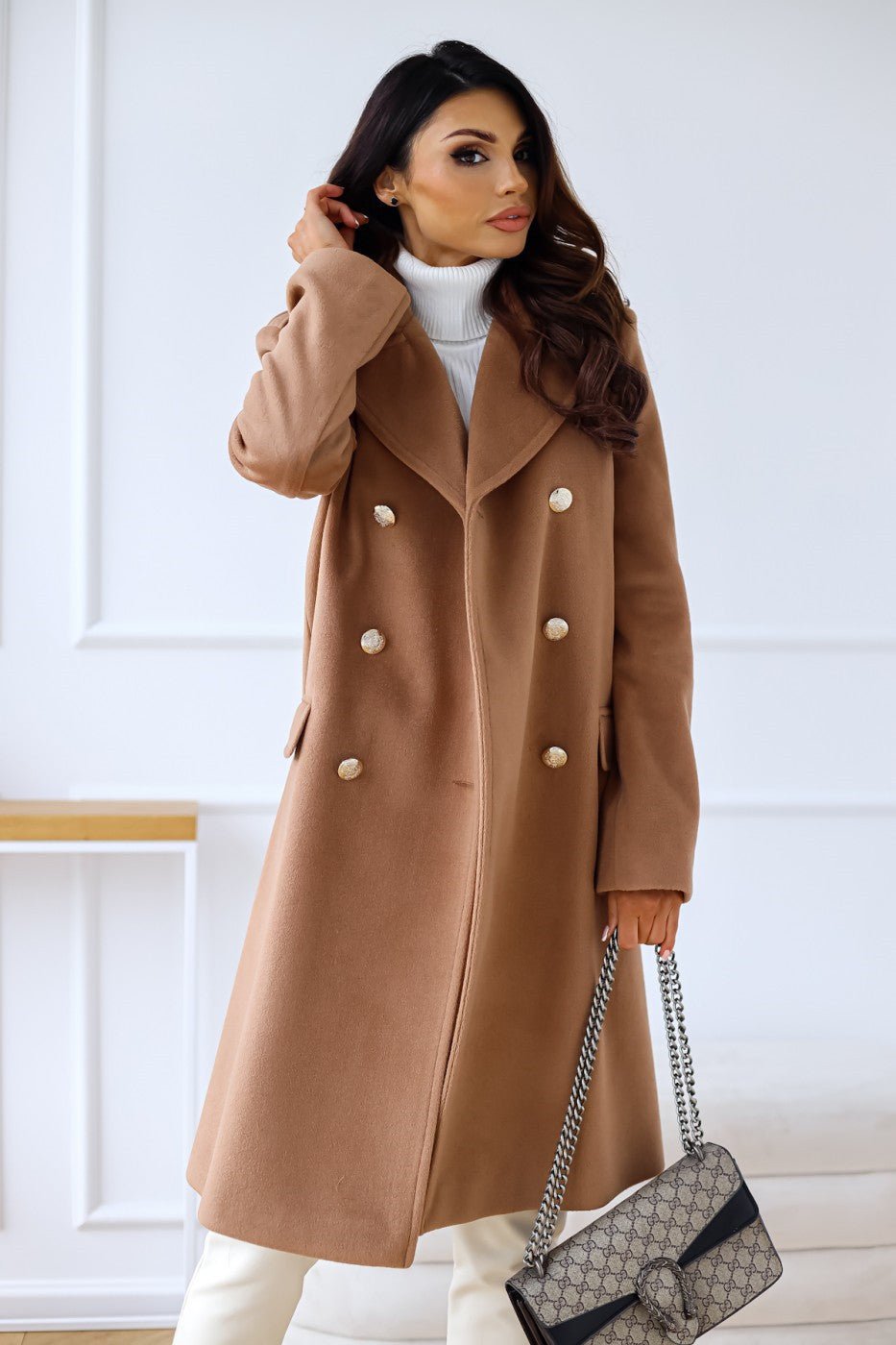 Women's Double-Breasted Belted Longline Wool Coat - Brown