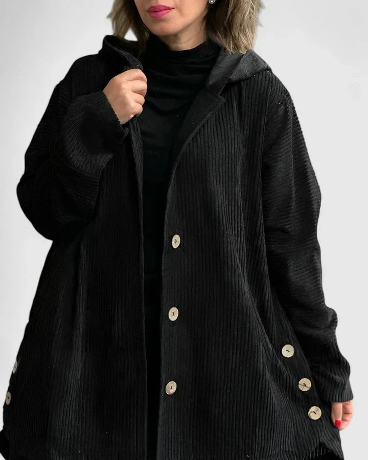Women's Corduroy Hooded Longline Jacket - Black