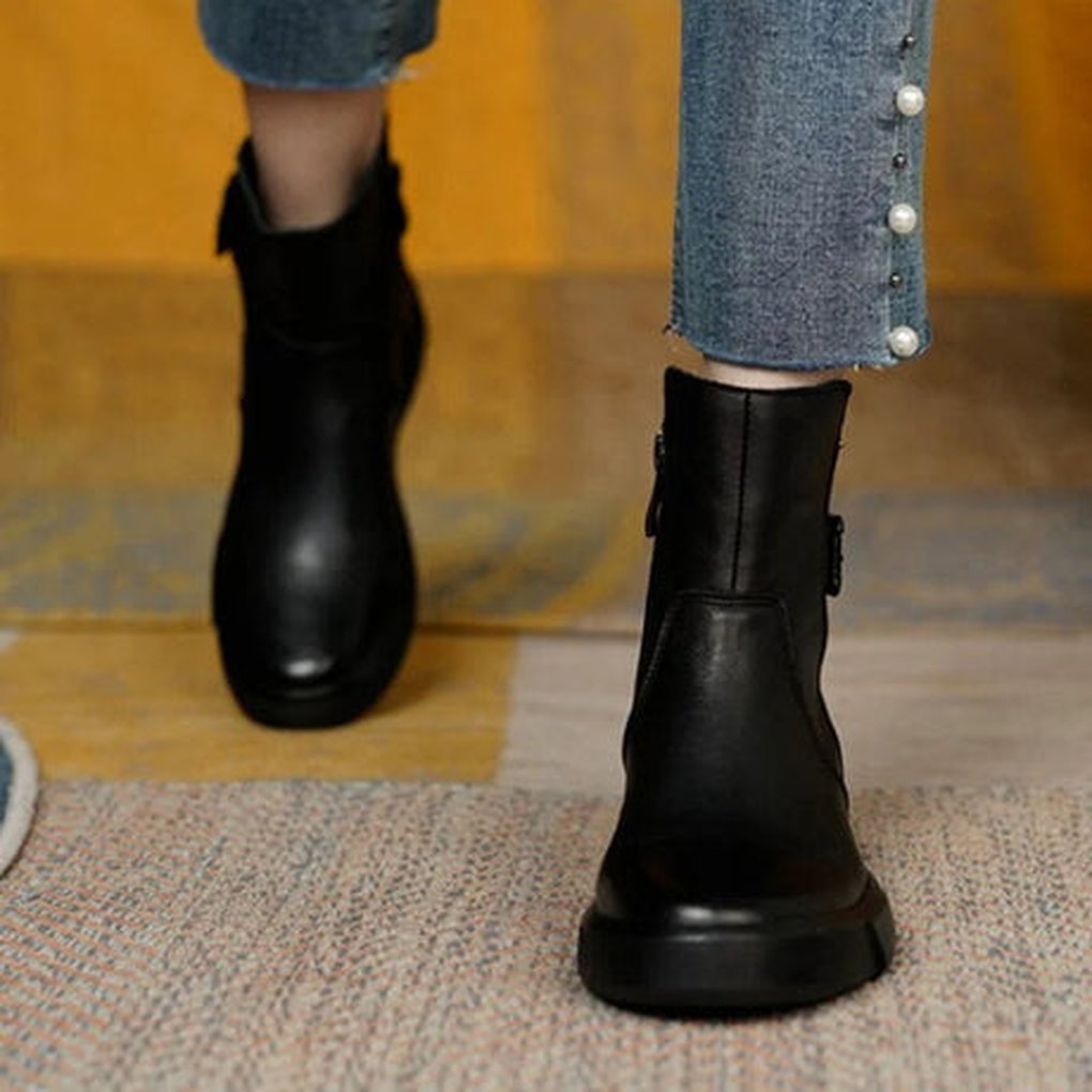 Women's Leather Buckle Ankle Boots - black