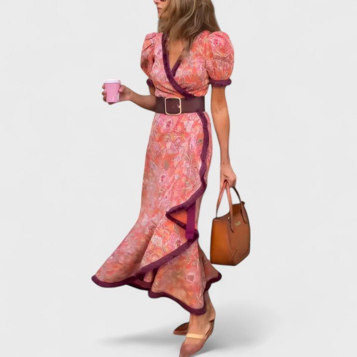 Women's Floral Satin Wrap Midi Party Dress