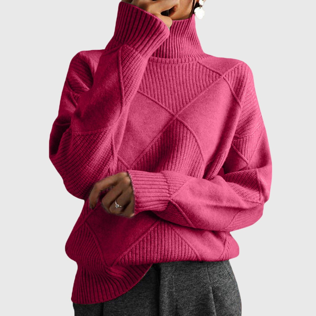 Women's Chunky Oversized Wool Roll Neck Jumper - Rose