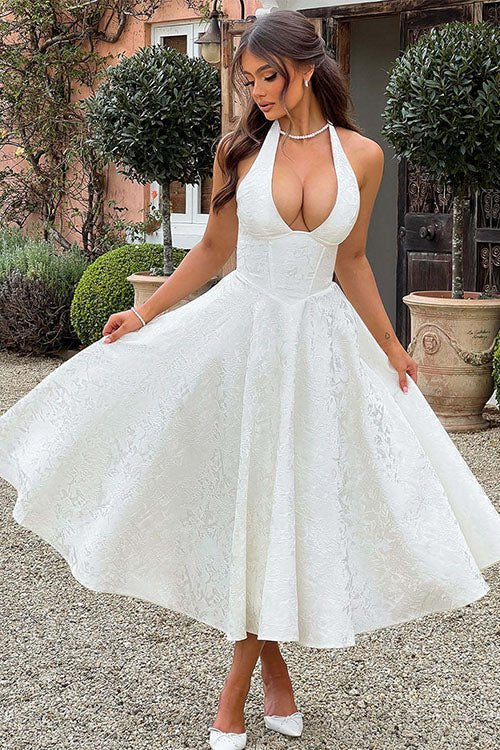Women's Halter Party Midi Dress - White
