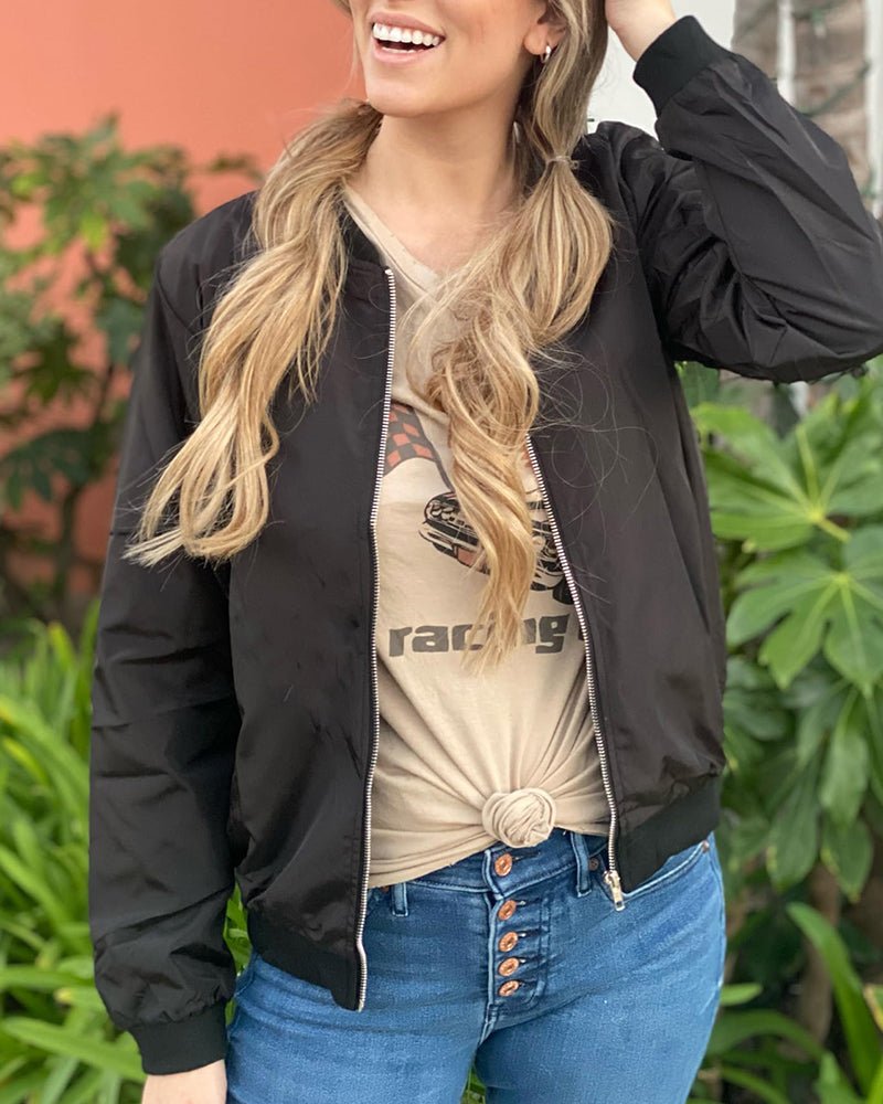 Women's Satin Cropped Bomber Jacket - Black