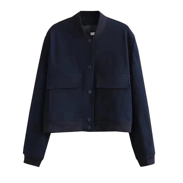 Women's Cropped Faux Leather Bomber Jacket - Navy