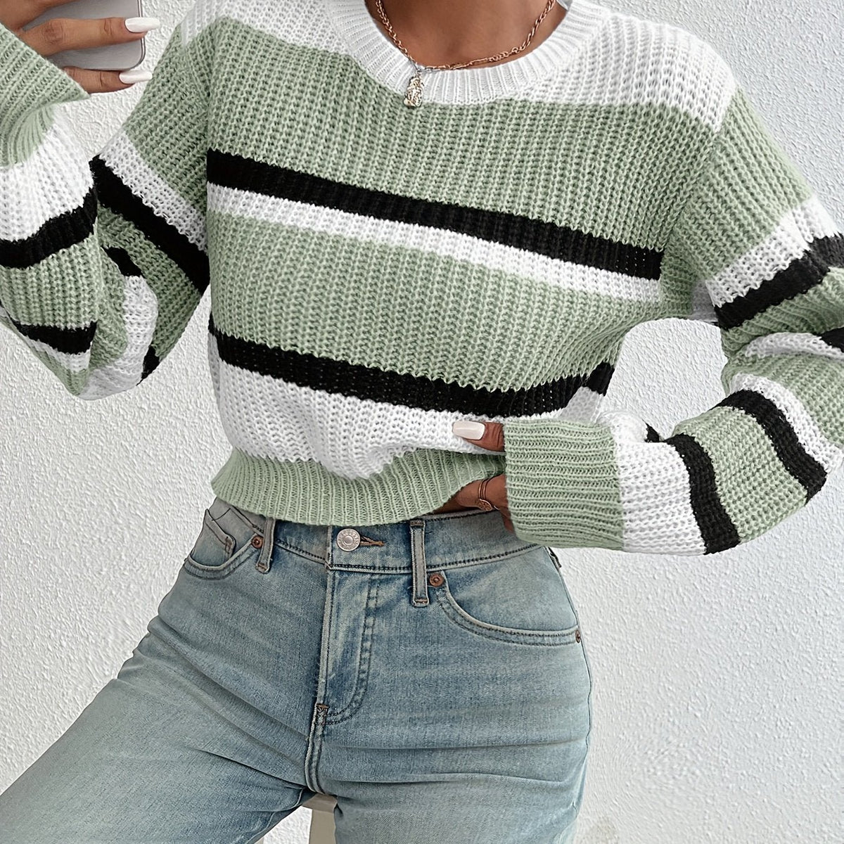 Women's Cropped Striped Ribbed Jumper - Yellow-green