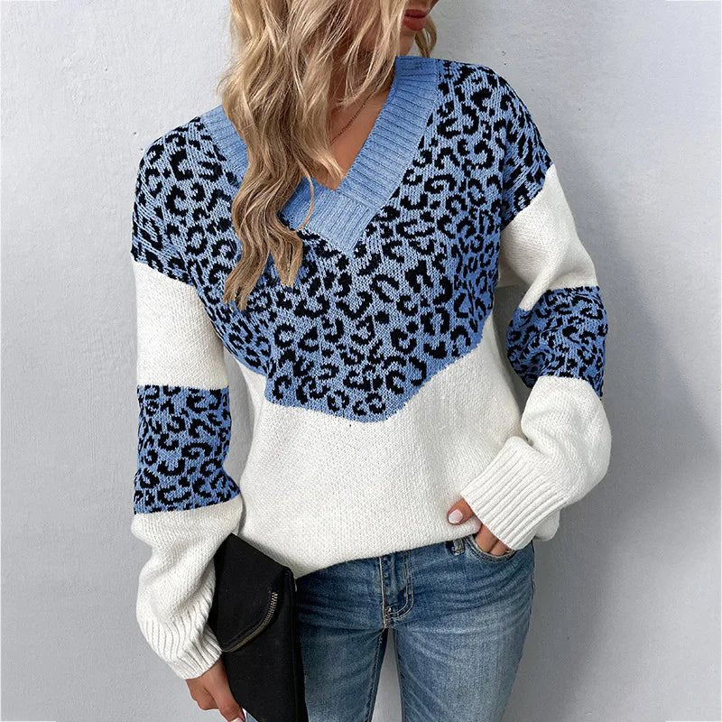 Women's Leopard Print V-Neck Jumper - Light Blue