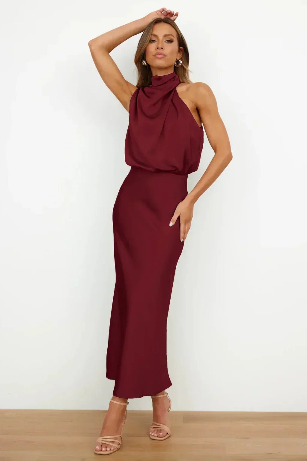 Women's Satin Halter Midi Party Dress