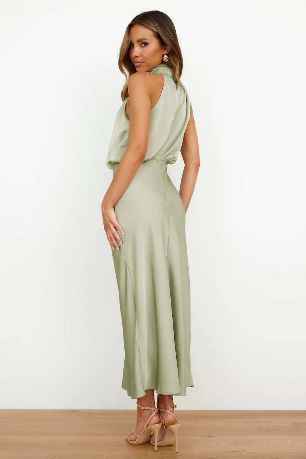 Women's Satin Halter Midi Party Dress