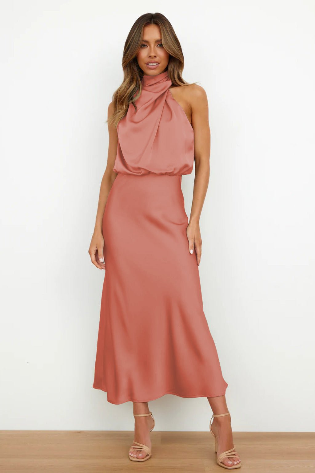 Women's Satin Halter Midi Party Dress - Coral Pink
