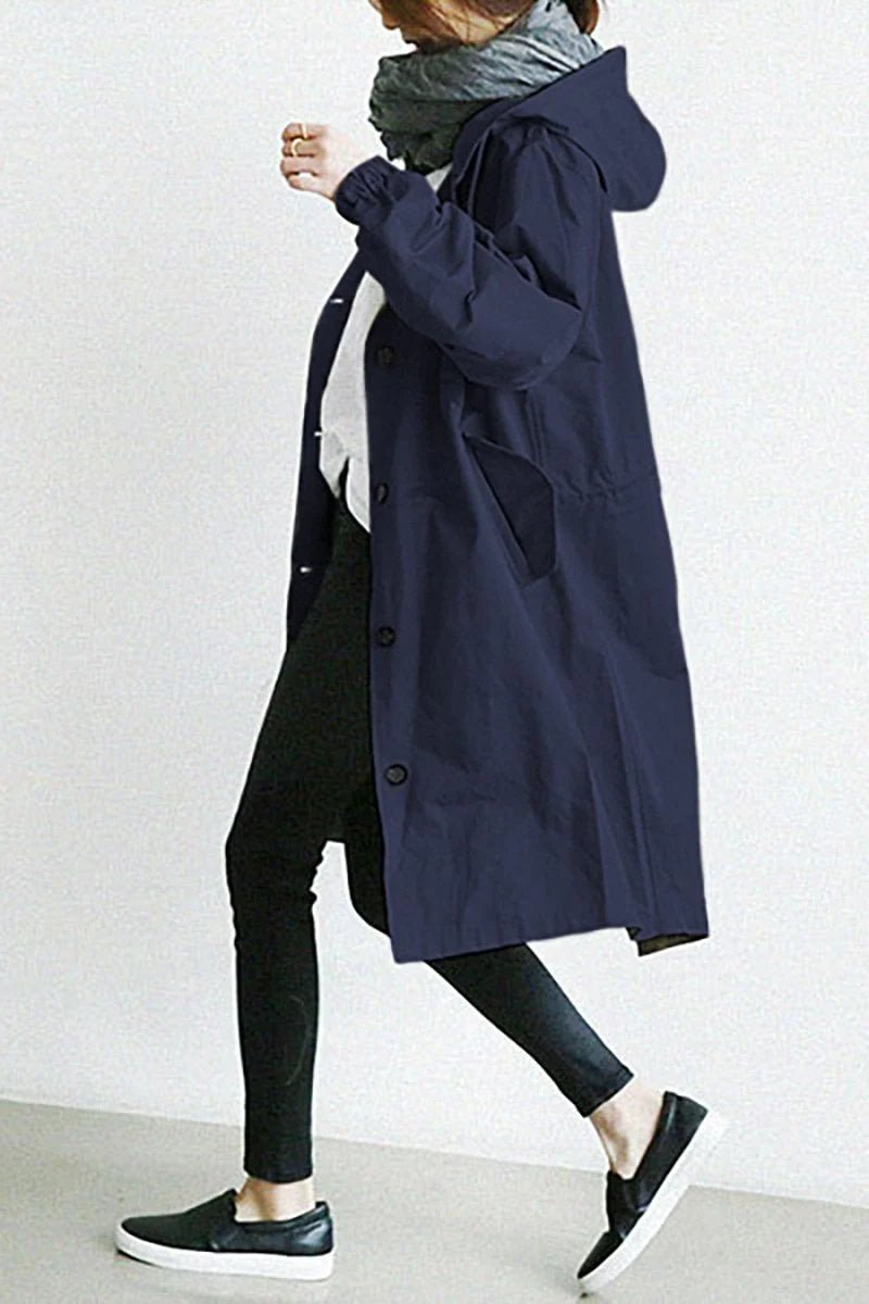 Women's Oversized Midi Hooded Longline Trench Coat - Navy Blue