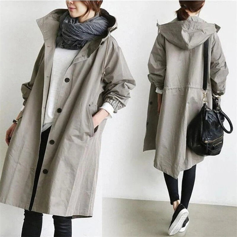 Women's Oversized Midi Hooded Longline Trench Coat - Apricot