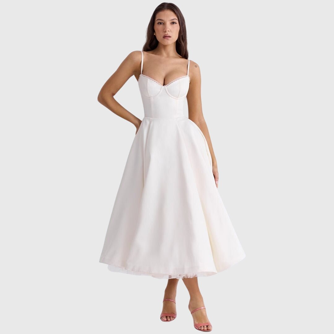 Women's Corset Satin Lace Midi Party Dress - White