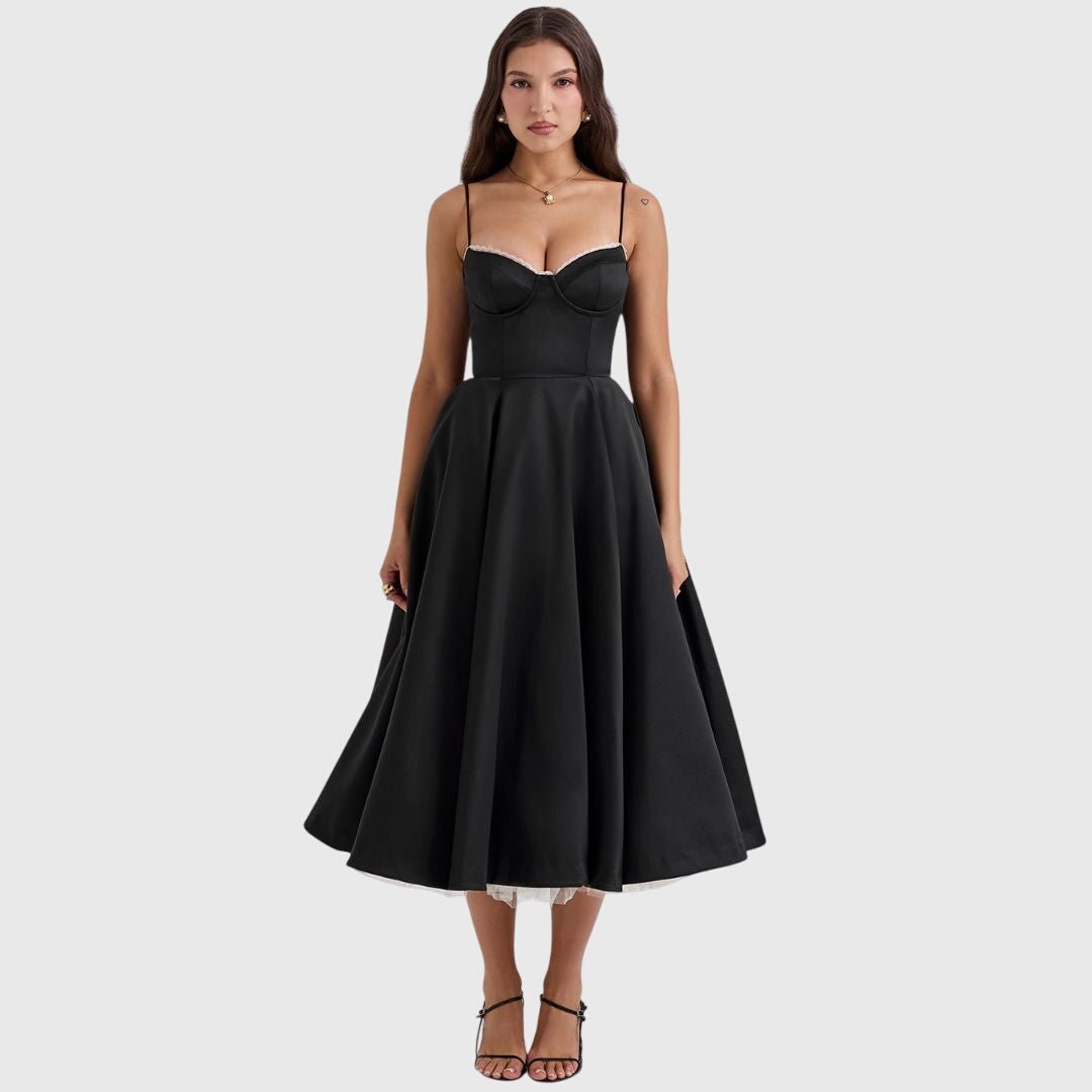 Women's Corset Satin Lace Midi Party Dress - Black