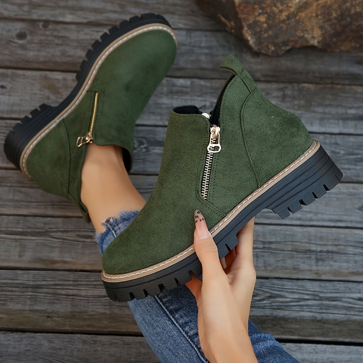 Women's Leopard Platform Ankle Boots - Green