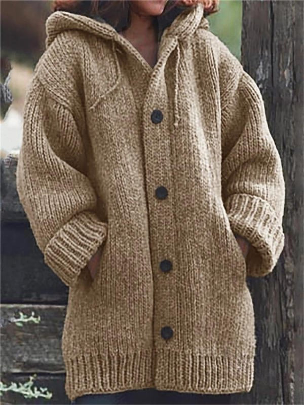 Women's Chunky Oversized Knit Ribbed Hooded Cardigan - Khaki