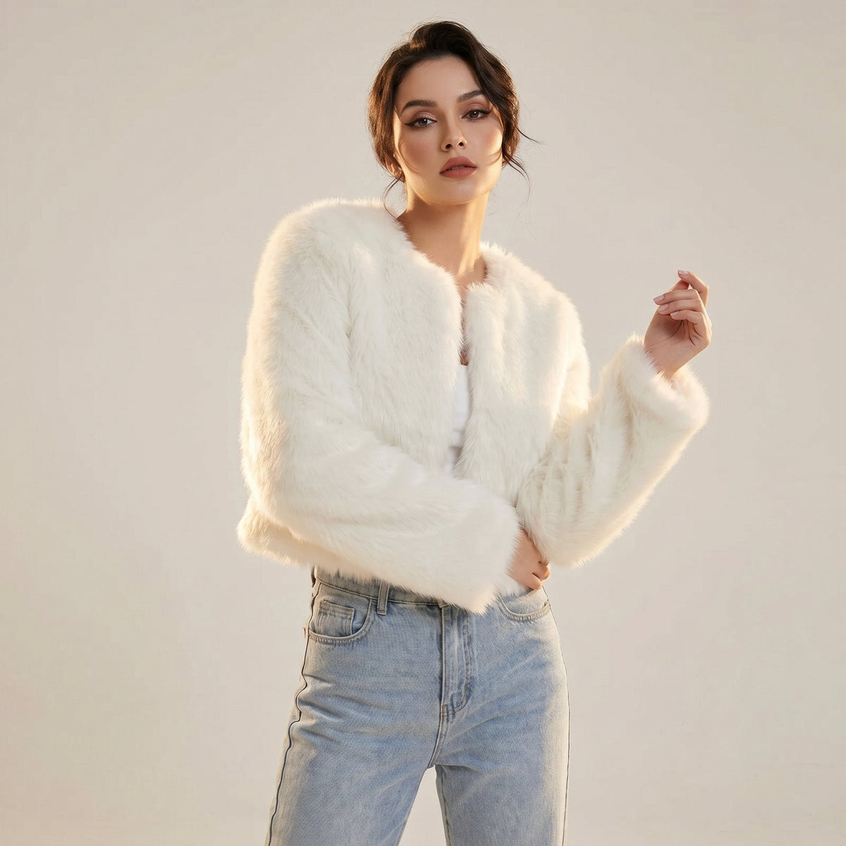 Women's Cropped Faux Fur Jacket - White