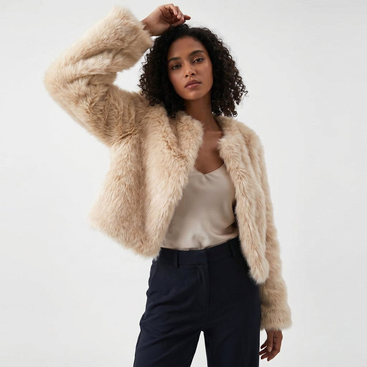Women's Cropped Faux Fur Jacket - Apricot