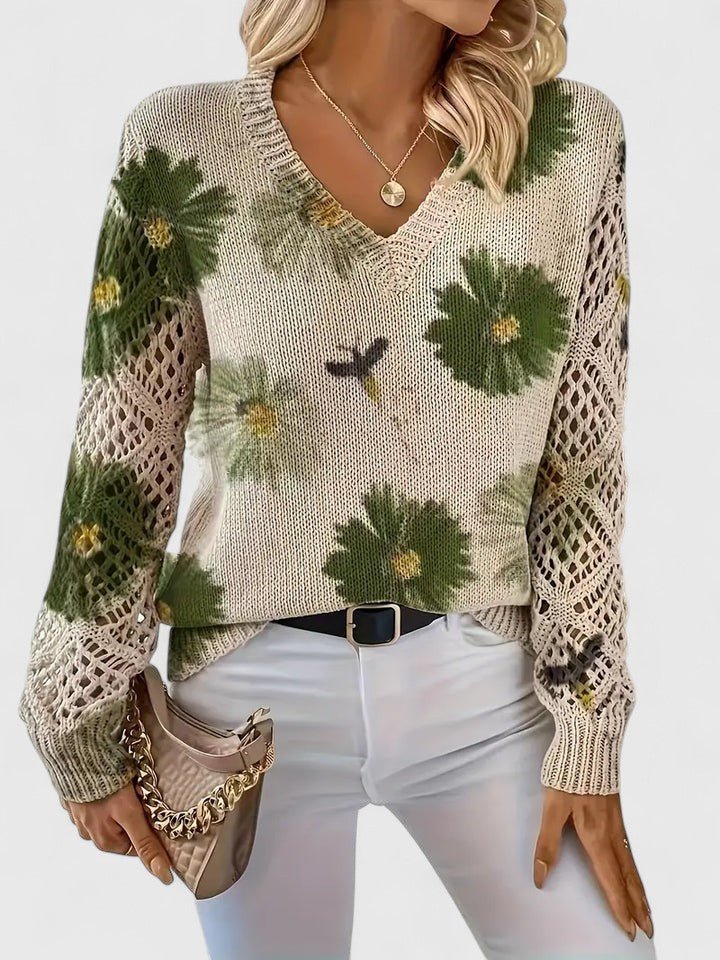 Women's Floral V-Neck Jumper - Green