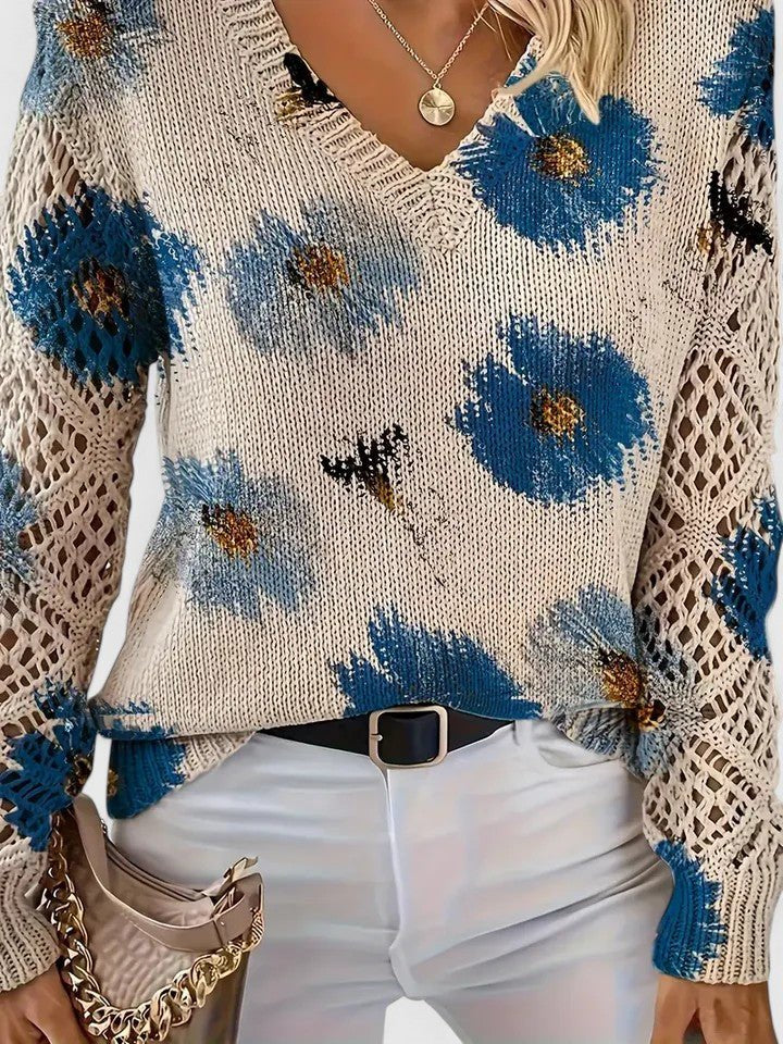 Women's Floral V-Neck Jumper - Blue