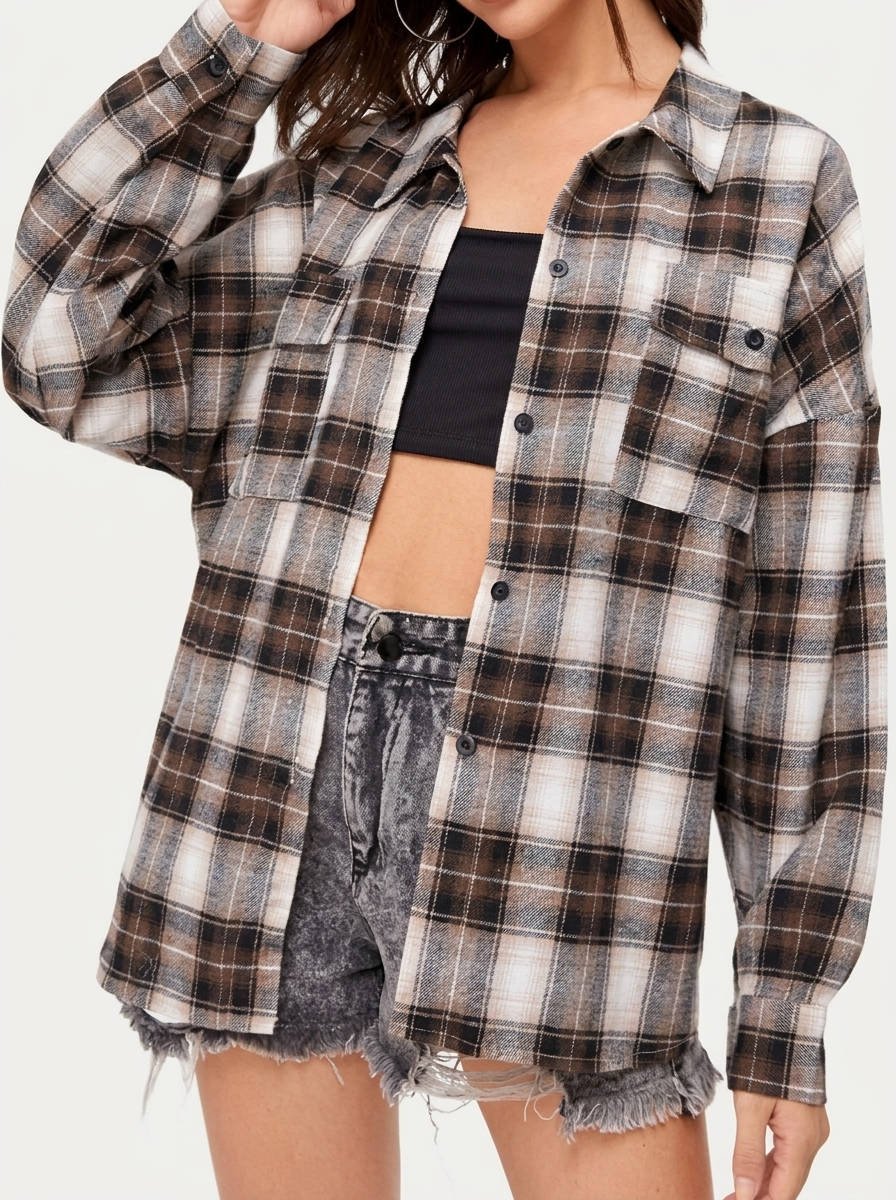 Women's Oversized Plaid Flannel Shacket - Brown