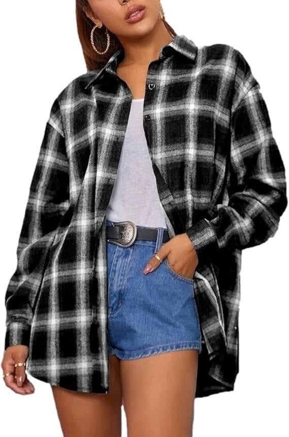 Women's Oversized Plaid Flannel Shacket - Black